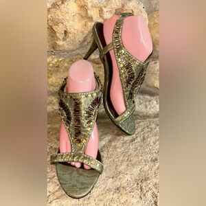NWT ELIZABETH and James Boho Selma Green Metallic Beaded Slingback Heels 10